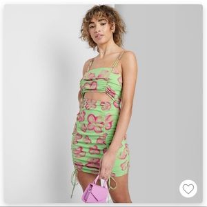 Womens Sleeveless Cutout Ruched Front Body Con Dress - Mint Green Floral - Small